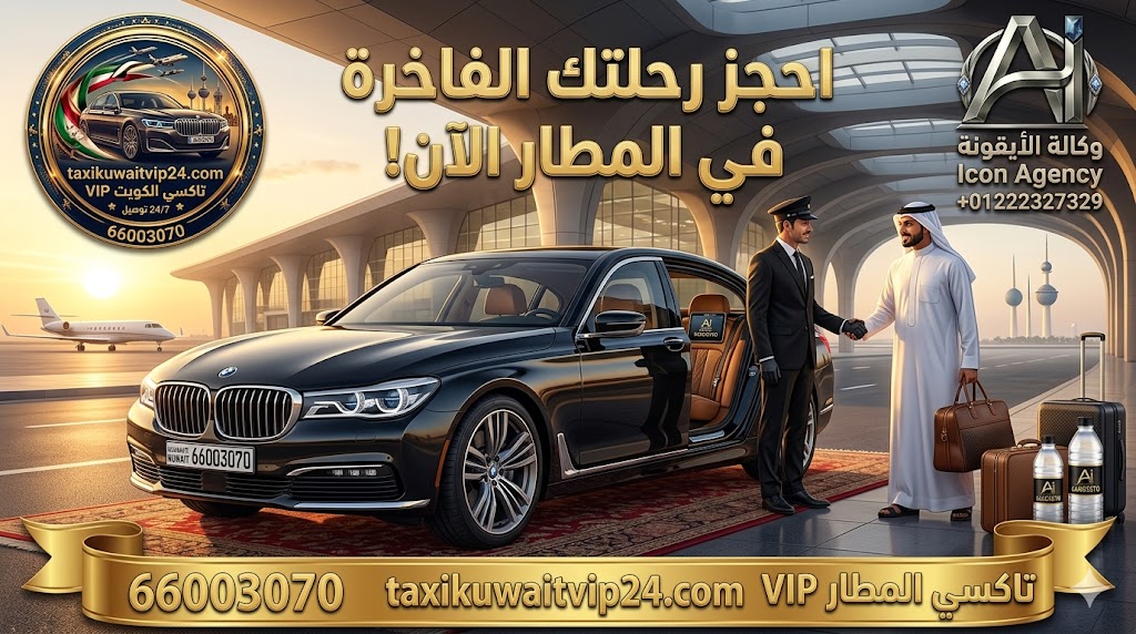 سيارة بي إم دبليو فاخرة تابعة لخدمة تاكسي المطار VIP أمام مبنى الركاب T4 في مطار الكويت الدولي، يظهر السائق بزي رسمي يستقبل مسافراً، مع دمج لوجو وكالة الأيقونة ولوجو تاكسي الكويت VIP ورقم الحجز 66003070 لضمان دقة المواعيد والرفاهية.
