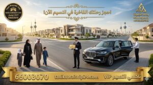 سيدة كويتية راقية تستعد لركوب سيارة بي إم دبليو X7 فخمة تابعة لأسطول تاكسي النسيم VIP في حي سكني هادئ بالجهراء. يقف السائق المحترف حاملاً لوحة رقم الحجز 66003070، مع ظهور شعارات تاكسي القائد ووكالة الأيقونة لتأكيد الفخامة والأمان.
