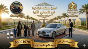 عائلة كويتية راقية أمام سيارة فخمة تابعة لخدمة تكسي العبدلي VIP في منطقة المزارع، مع سائق محترف يحمل لوحة رقم الحجز 66003070. يظهر في التصميم لوجو تاكسي الكويت VIP ولوجو وكالة الأيقونة الفضي الجديد لضمان الفخامة والأمان في الرحلات الطويلة.