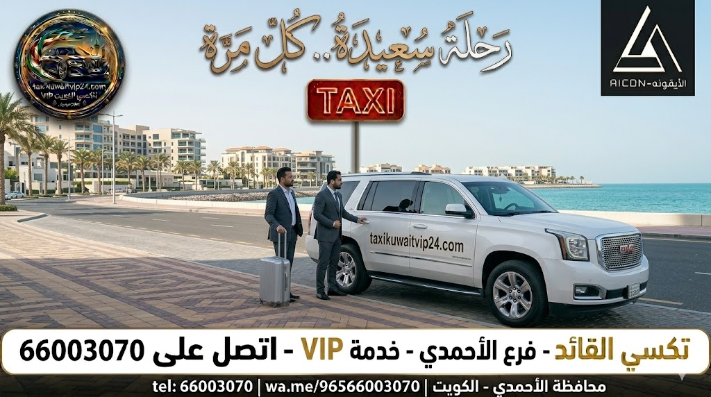تاكسي الأحمدي الكويت خدمة VIP تكسي القائد مع GMC Yukon بيضاء وسائقين محترفين عند الغسق.