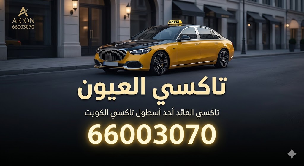 سيدة خليجية محجبة بأناقة تخرج من سيارة رولز رويس سوداء فخمة بمساعدة سائق خاص، كإعلان لخدمة تاكسي العيون VIP في محافظة الجهراء بالكويت. التصميم يتضمن أبراج الكويت في الخلفية، ورقم الحجز المباشر 66003070، وشعار تاكسي القائد، وشعار وكالة الأيقونة.