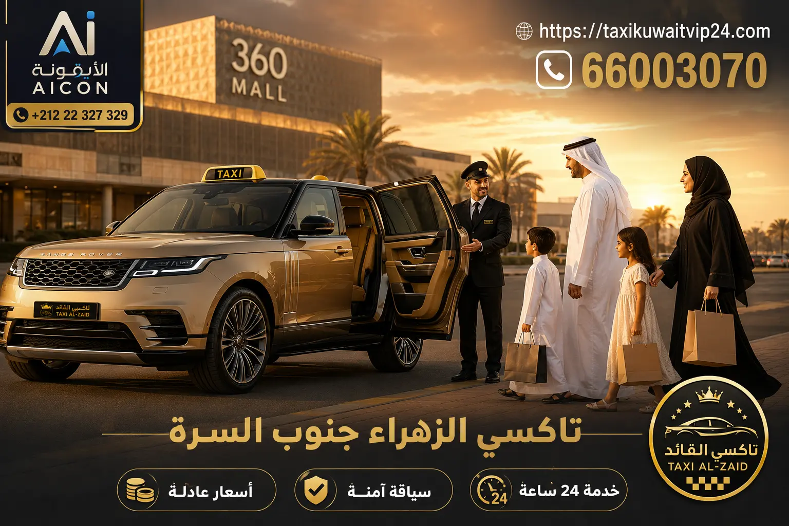 تاكسي الزهراء جنوب السرة أمام مول 360 خدمة عائلية 24 ساعة 66003070 AICON