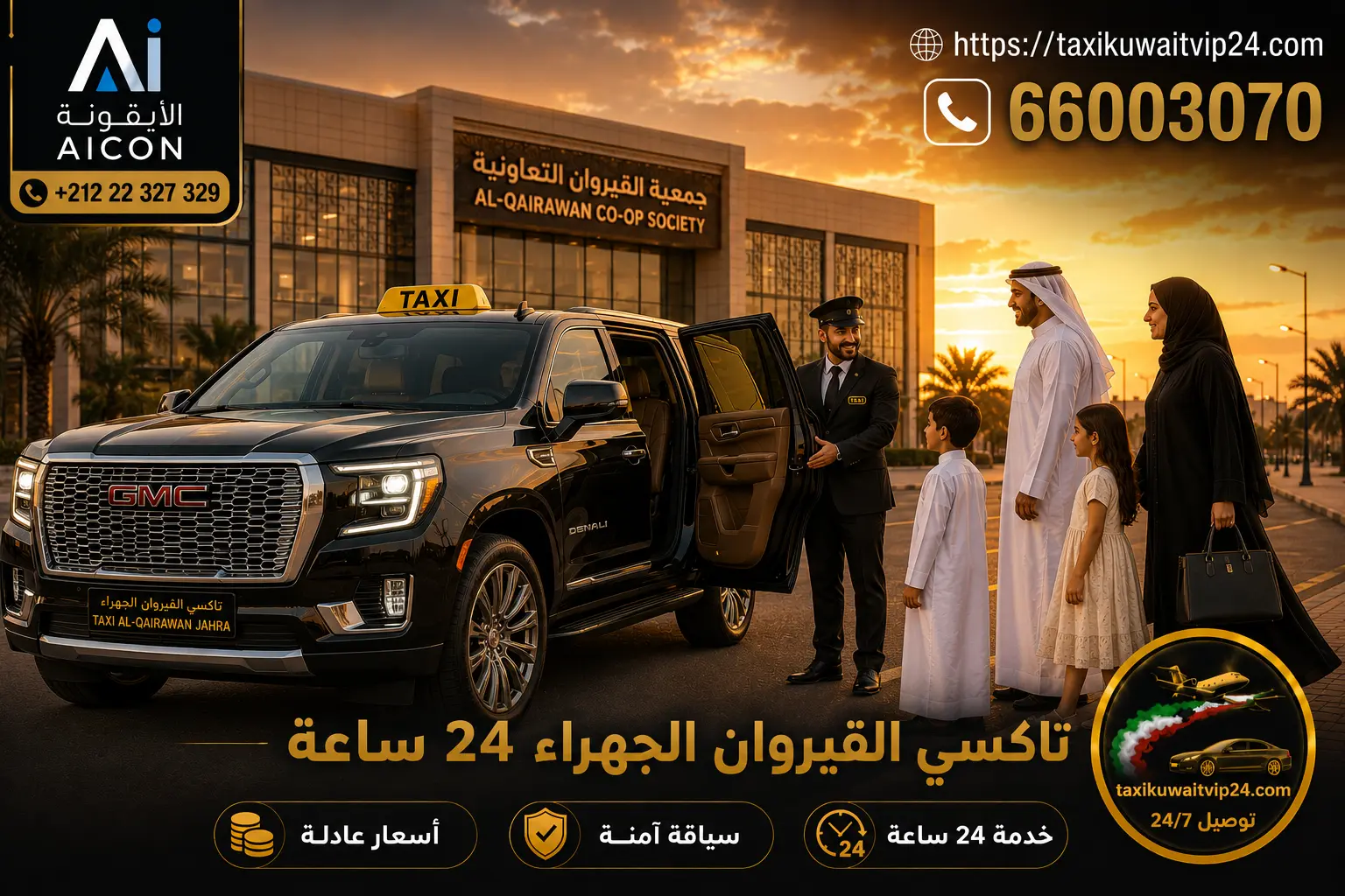 تاكسي القيروان الجهراء 24 ساعة توصيل عائلي فاخر أمام جمعية القيروان 66003070 AICON