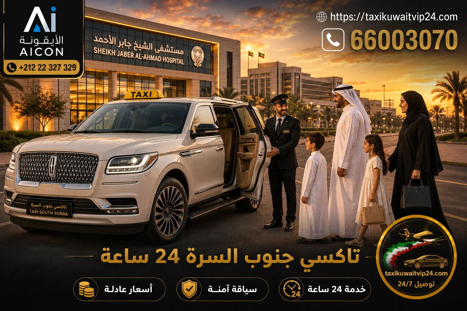 تاكسي جنوب السرة 24 ساعة توصيل عائلي فاخر أمام مستشفى جابر 66003070 AICON