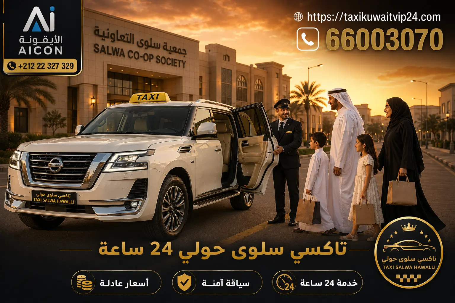 تاكسي سلوى حولي 24 ساعة توصيل عائلي فاخر أمام جمعية سلوى 66003070 AICON