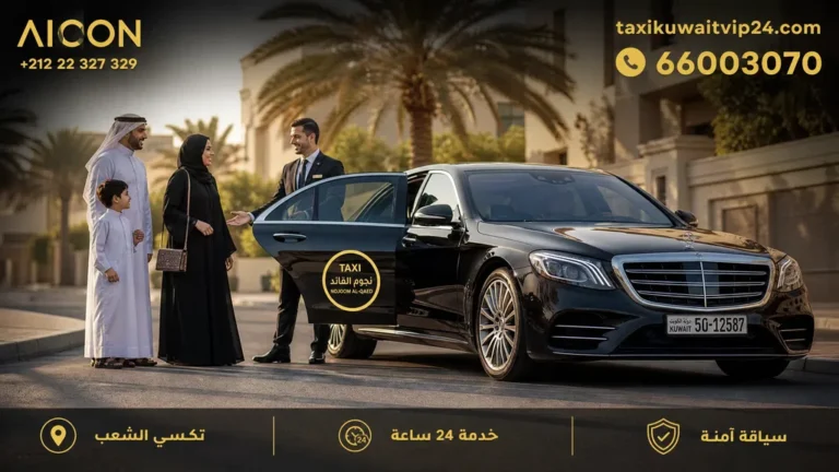 سيارة تكسي فاخرة موديل 2026 تحمل شعار تكسي النجوم في منطقة الشعب بالكويت مع لوجو وكالة الأيقونة.