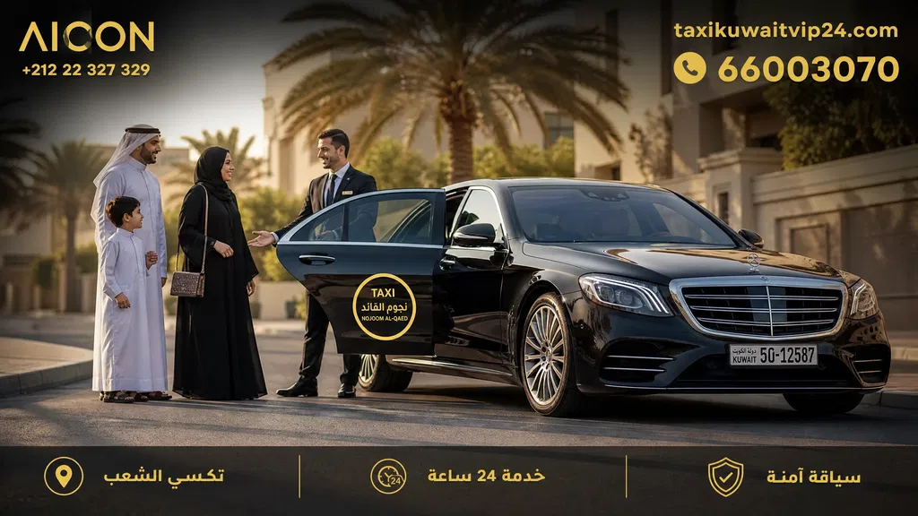 سيارة تكسي فاخرة موديل 2026 تحمل شعار تكسي النجوم في منطقة الشعب بالكويت مع لوجو وكالة الأيقونة.