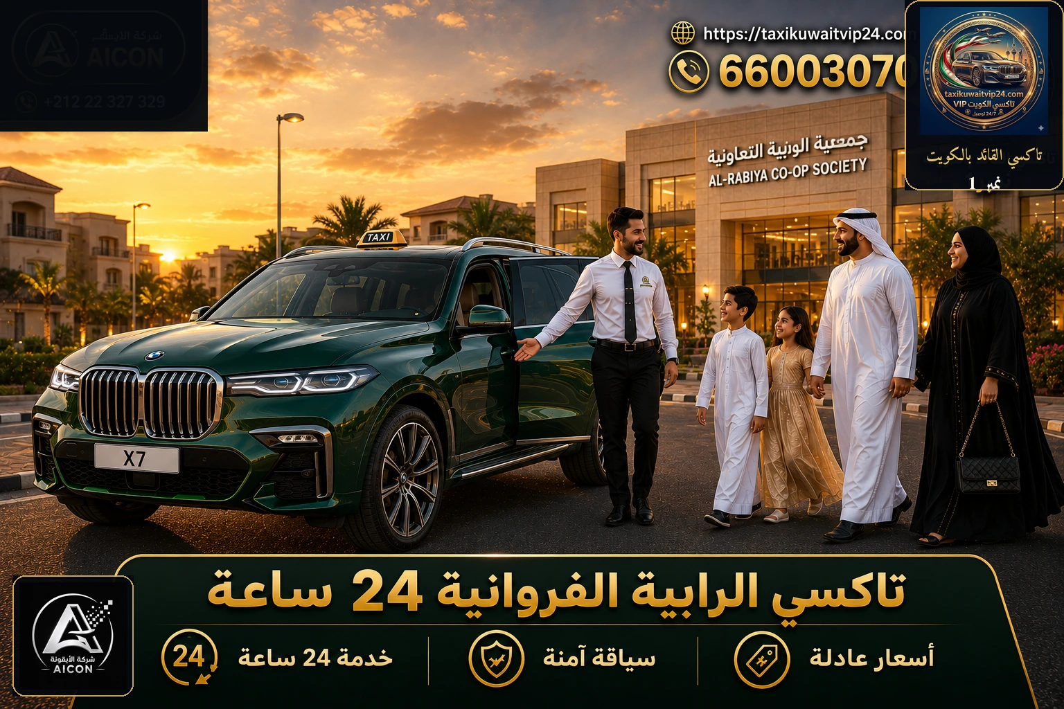 تاكسي الرابية الفروانية 24 ساعة توصيل عائلي فاخر أمام جمعية الرابية 66003070 AICON